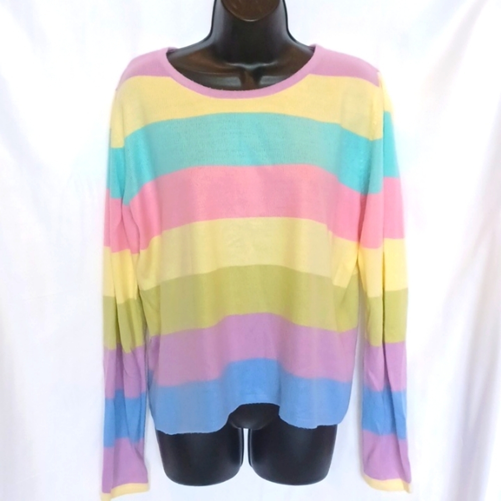 Chadwick's Colorful Pastel Striped Rib Knit Sweater L, vtg, loose, 23" ptp, 23"L